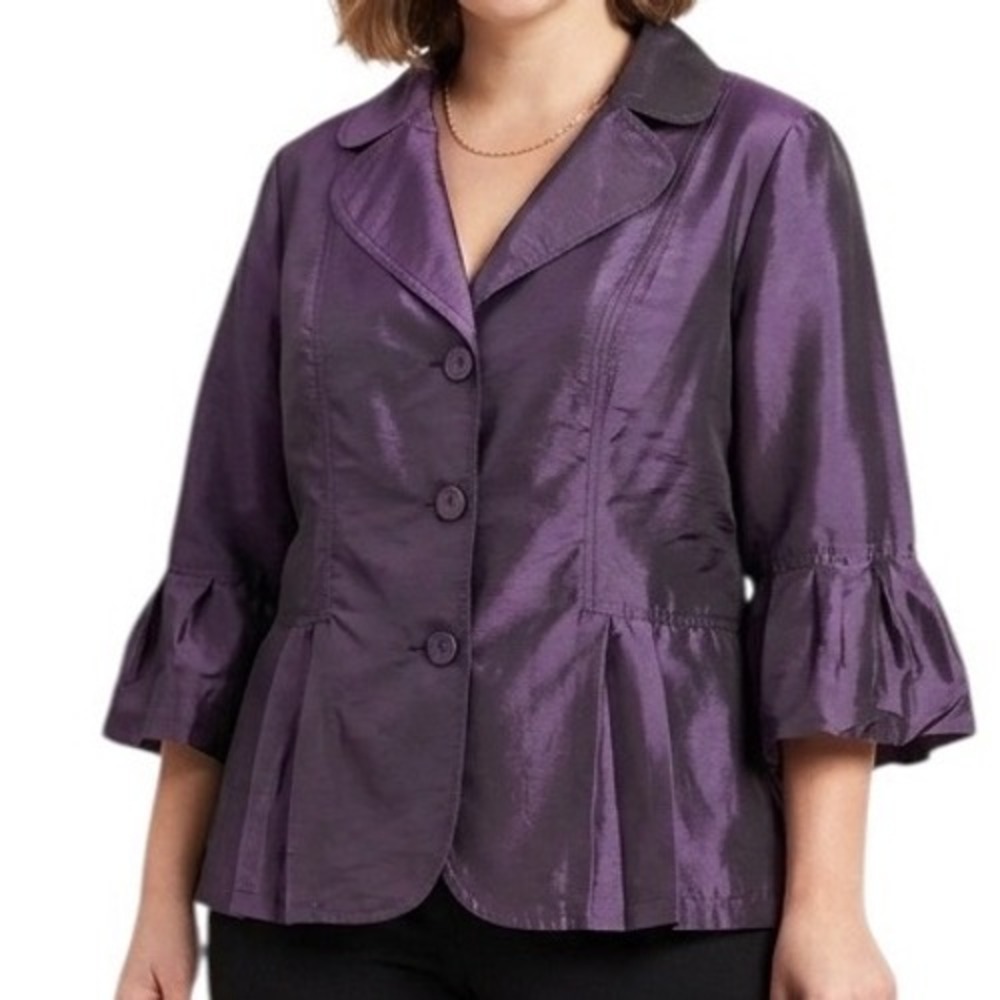 Piano Women Purple Iridescent Featherweight Pleated Peplum Jacket Blazer Chic XL